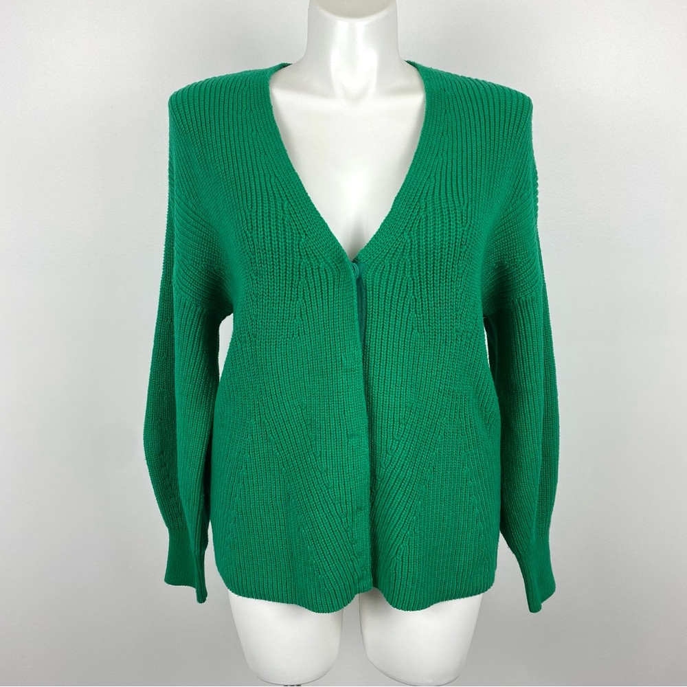 CAbi Lucky Cardigan Green Knit Sweater V-Neck Snap Up Style 3709 L